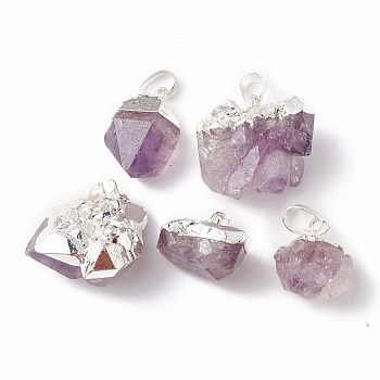 Rough Raw Natural Amethyst Pendants, Nuggets Charms, with Brass Snap on Bails, Silver, 21~33x14~28x11~19mm, Hole: 7x5mm