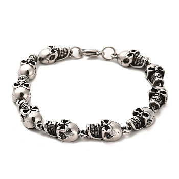 304 Stainless Steel Skull Link Chain Bracelets, Antique Silver, 9 inch(22.8cm)
