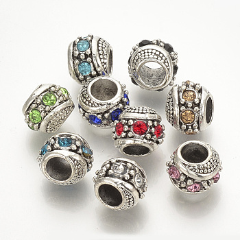 Alloy Rhinestone European Beads, Large Hole Beads, Rondelle, Antique Silver, Mixed Color, 12x11x9mm, Hole: 5mm