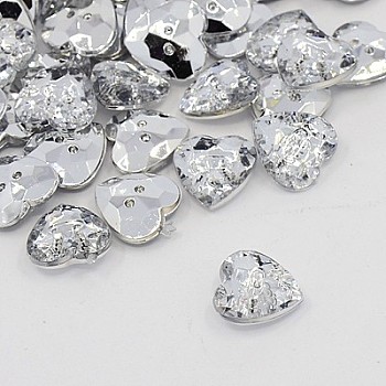 Acrylic Rhinestone Buttons, 2-Hole, Faceted, Heart, Crystal, 13x13x4mm, Hole: 1mm