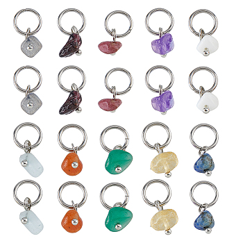 20Pcs 10 Styles Natural Mixed Gemstone and Glass Pendants, Nuggets Charms with 304 Stainless Steel Jump Rings, Platinum, 12~16mm, Hole: 6mm, 2pcs/style