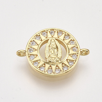 Brass Micro Pave Cubic Zirconia Links, Flat Round with Virgin Mary, Clear, Golden, 13x18.5x2.5mm, Hole: 1mm