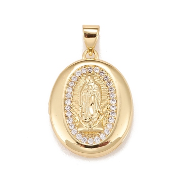 Brass Micro Pave Cubic Zirconia Locket Pendants, Photo Frame Charms for Necklaces, Real 18K Gold Plated, Lead Free & Cadmium Free, Oval with Saint, Clear, 22.5x17x5mm, Hole: 4x3mm, Inner Diameter: 15x12mm