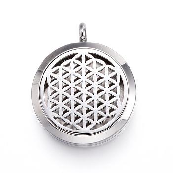 316 Surgical Stainless Steel Diffuser Locket Pendants, Spiritual Charms, with Perfume Pad and Magnetic Clasps, Flower of Life/Sacred Geometry, Stainless Steel Color, 36.5~37x30x6~6.5mm, Hole: 5mm, inner diameter: 23mm, 12Color/Set