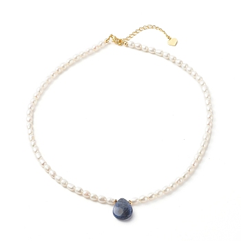 Pearl Beaded Necklace, with Natural Sodalite Beads, Brass Finding, Teardrop, 39.7x0.4cm
