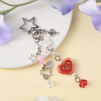 Alloy & Acrylic & Glass Pendant Decorations, Heart & Flower & Butterfly, with Star Swivel Clasps, Golden, Red, 118mm