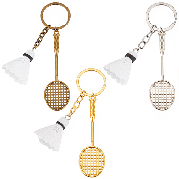 Zinc Alloy & PVC Pendant Keychains, with Alloy Split Key Rings, Badminton Racket with Badminton, Mixed Color, 113mm, pendant: 38~81mm, 1pc/color