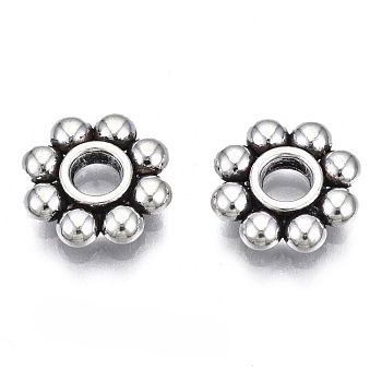 Tibetan Style Alloy Daisy Spacer Beads, Cadmium Free & Lead Free, Flower, Antique Silver, 10x2mm, Hole: 2.5mm, about 1900pcs/1000g
