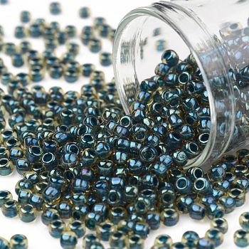 TOHO Round Seed Beads, Japanese Seed Beads, (243) Inside Color AB Topaz/Opaque Emerald Lined, 8/0, 3mm, Hole: 1mm, about 222pcs/10g