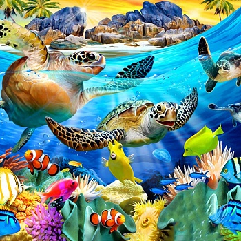 DIY Rectangle Diamond Painting Kits, Including Canvas, Resin Rhinestones, Diamond Sticky Pen, Tray Plate and Glue Clay, Sea Turtle Pattern, 300x400mm