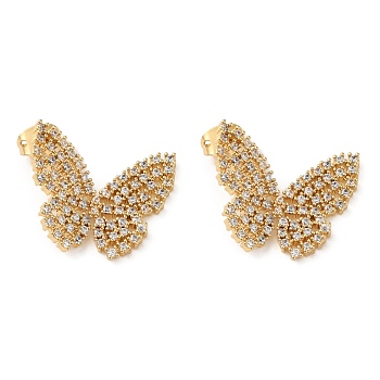 Butterfly Rack Plating Brass Stud Earrings, with Clear Cubic Zirconia, Lead Free & Cadmium Free, Real 18K Gold Plated, 24x23.5mm