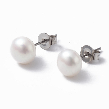 Natural Pearl Ear Studs, 304 Stainless Steel Pin Ear Stud for Women, Round, WhiteSmoke, 16.5~17x7mm, Pin: 0.7mm