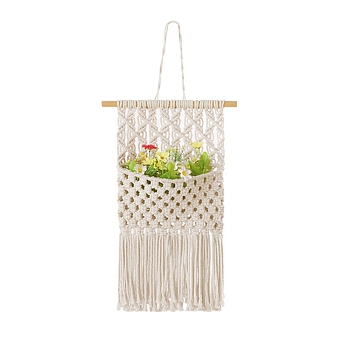 Bohemian Macrame Woven Cotton Magazine Holder, Wall Hanging Tassel Magazine Storage for Home Bedroom Decoration, Beige, 670x260mm