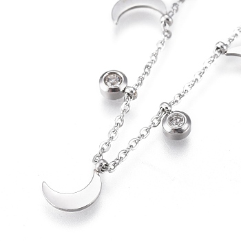 304 Stainless Steel Pendant Necklaces, with Clear Cubic Zirconia, Cable Chains and Round Beads, Moon, Stainless Steel Color, 16.42 inch(41.7cm)