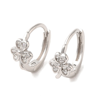 Rhodium Plated Sterling Silver Hoop Earrings with Rhinestone, Clover, with S925 Stamp, Platinum, 12.5x6.5mm