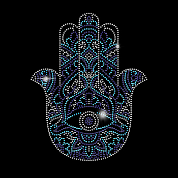 Hamsa Hand Glass Hotfix Rhinestone, Iron on Appliques, Costume Accessories, for Clothes, Bags, Pants, Deep Sky Blue, 297x210mm