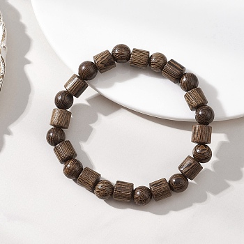 Natural Wenge Wood Beaded Stretch Bracelets for Women Men, Column & Round, Camel, Beads: 8mm, Inner Diameter: 2.17 inch(5.5cm)