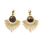 Brass Tiger Eye Pendants, Fan Charms, Real 18K Gold Plated, 25x20x6mm, Hole: 4x3mm(KK-B129-09G)