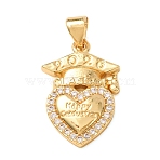Brass Micro Pave Clear Cubic Zirconia Pendants, Heart with Graduation Cap & Word Happy Graduation Charms, Golden, 21x14x3mm, Hole: 3.5x4mm(KK-CBA0009-07G)
