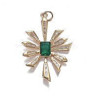 Brass Micro Clear Cubic Zirconia Pendants, Long-Lasting Plated, Flower, Green, Real 18K Gold Plated, 35x24x3.5mm, Hole: 3.5mm(X-ZIRC-F120-036G)