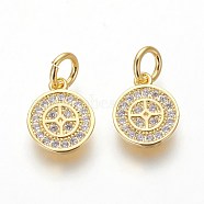 Brass Micro Pave Cubic Zirconia Charms, Lead Free & Cadmium Free, Clear, Flat Round, Golden, 10.5x8.5x1.5mm, Hole: 3mm(ZIRC-J021-18G-RS)