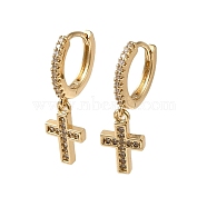Brass Dangle Earrings, with Glass, Cross, 23.5x7.5mm(EJEW-L271-14KCG-04)
