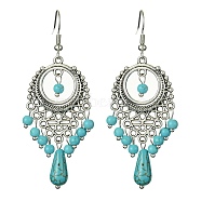 Synthetic Turquoise Beaded Long Drop Earrings, Tibetan Style Alloy Chandelier Earrings with Brass Pins, 63x24.5mm(EJEW-JE05389-02)