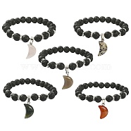 Natural Lava Rock Round Beaded Stretch Bracelet, Natural & Synthetic Mixed Gemstone Moon Charms Adjustable Bracelet for Women, Mixed Color, Inner Diameter: 2-1/8 inch(5.4cm)(BJEW-JB09377)