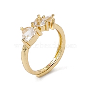 Rack Plating Brass Cubic Zirconia Cuff Rings for Women, Heart Long-Lasting Plated Open Ring, Lead Free & Cadmium Free, Real 18K Gold Plated, Clear, 2.5mm, Inner Diameter: US Size 7(17.3mm), Heart: 17.5x7mm(RJEW-M145-23G-A)