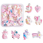 32Pcs 8 Styles Opaque Resin Pendants, Unicorn Theme Charm, with Glitter Powder and Platinum Tone Iron Loops, Mixed Shapes, Mixed Color, 16~22.5x14.5~24x5~6mm, Hole: 2mm, 4pcs/style(RESI-SZ0001-94)