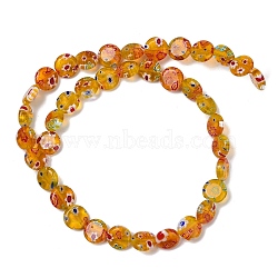 Handmade Millefiori Lampwork Beads Strands, Flat Round, Goldenrod, 9.5~10x3.5~4mm, Hole: 0.6mm, about 36pcs/strand, 13.90''~14.41''(35.3~36.6cm)(LAMP-G166-17B-06)