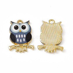 Painted Alloy Pendants, Owl Charm, Cadmium Free & Nickel Free & Lead Free, Golden, Slate Blue, 21.5x15x2.3mm, Hole: 2mm(PALLOY-P288-01G-04)