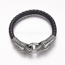 Braided Leather Cord Bracelets, with 304 Stainless Steel Clasps, Leopard Head, Black, 8-3/4 inch(222mm)x3/8 inch(8mm)(BJEW-P174-01)