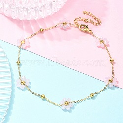 304 Stainless Steel & Synthetic Stone Daisy Flower Chain Anklets for Women, Real 18K Gold Plated, White, 210mm(AJEW-B031-01G-02)