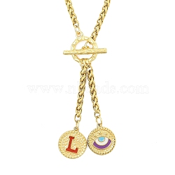 Ion Plating(IP) 304 Stainless Steel Red Enamel Letter & Eye Pendant Wheat Chain Necklaces, with Toggle Clasps, Golden, Letter L, 20.47~20.87 inch(52~53cm)(STAS-Z102-01G-L)