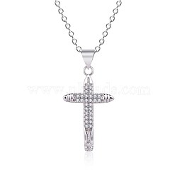 Brass Pendant Necklaces, Cross Micro Pave Clear Cubic Zirconia, Platinum, 17.51 inch(44.5cm)(NJEW-BB62421-B)