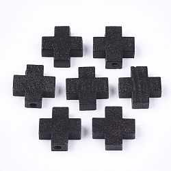 Natural Wooden Beads, Dyed, Cross, Black, 14.5~15x14.5~15x5mm, Hole: 2.5mm(WOOD-S050-42C-01)