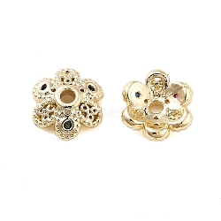 Flower Brass Cubic Zirconia Bead Caps, Cadmium Free & Lead Free, 6-Petal, Long-Lasting Plated, Real 18K Gold Plated, 6.5x2.5mm, Hole: 1mm(KK-S379-16G-B)