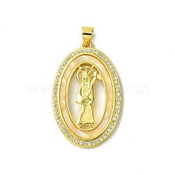 Real 18K Gold Plated Brass Micro Pave Cubic Zirconia Pendants, with Shell, Oval, 32x20.5x3mm, Hole: 3.5x4.5mm(KK-H472-14G-10)