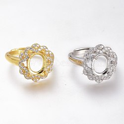 Adjustable Brass Micro Pave Clear Cubic Zirconia Finger Ring Components, 4 Claw Prong Ring Settings, Long-Lasting Plated, Flower, Clear, Mixed Color, US Size 7, Inner Diameter: 17.3mm, Tray: 10x8mm(ZIRC-I049-15)