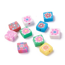 Handmade Polymer Clay Beads, Square with Flower Pattren, Mixed Color, 10x10x4.5mm, Hole: 2mm(X-CLAY-I010-11)