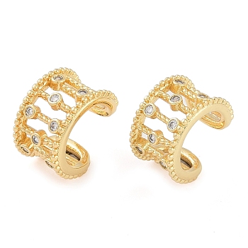 Brass Micro Pave Clear Cubic Zirconia Cuff Earring for Women, Flat Round, Real 18K Gold Plated, 14x9mm