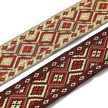 7M Ethnic Style Embroidery Polyester Ribbons, Jacquard Ribbon, Tyrolean Ribbon, Garment Accessories, Rhombus Pattern, Dark Red, 2 inch(50mm), about 7.66 Yards(7m)/pc