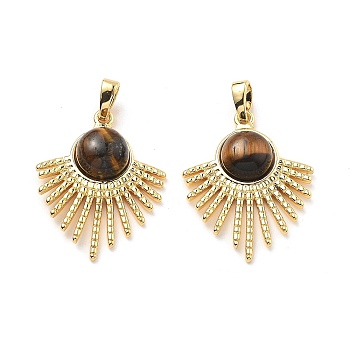 Brass Tiger Eye Pendants, Fan Charms, Real 18K Gold Plated, 25x20x6mm, Hole: 4x3mm