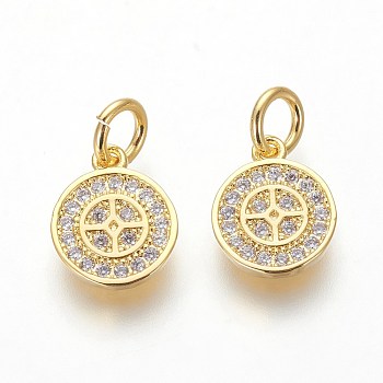 Brass Micro Pave Cubic Zirconia Charms, Lead Free & Cadmium Free, Clear, Flat Round, Golden, 10.5x8.5x1.5mm, Hole: 3mm