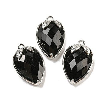 Natural Obsidian Faceted Pendants, Rack Plating Brass Strawberry Charms, Platinum, 18x11x5~5.5mm, Hole: 1.2mm