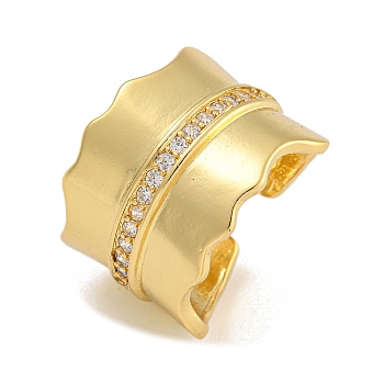 Brass Micro Pave Cubic Zirconia Cuff Rings, Wide Band Rings, Real 18K Gold Plated, 17mm, Inner Diameter: 18mm