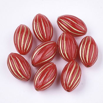 Oval Plating Acrylic Beads, Golden Metal Enlaced, Red, 14.5x9mm, Hole: 1.5mm