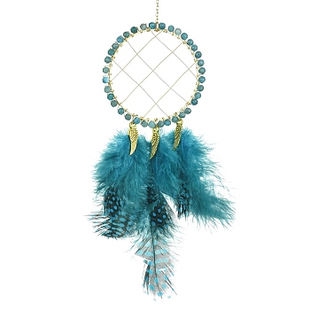 Natural Apatite Woven Net/Web with Feather Wall Hanging Decoration, with Brass Finding, for Home Offices Amulet Ornament, 240~290x57x4mm