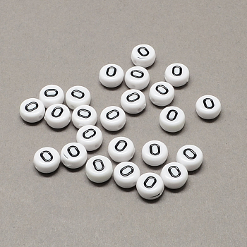 White and Black Acrylic , Flat Round with Num.0, 7x4mm, Hole: 1.3mm, about 3600pcs/500g